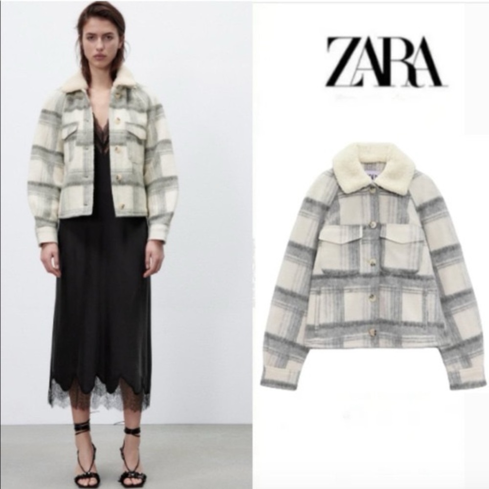Zara Fleece Plaid Overshirt Shacket Gray/White Sz XS